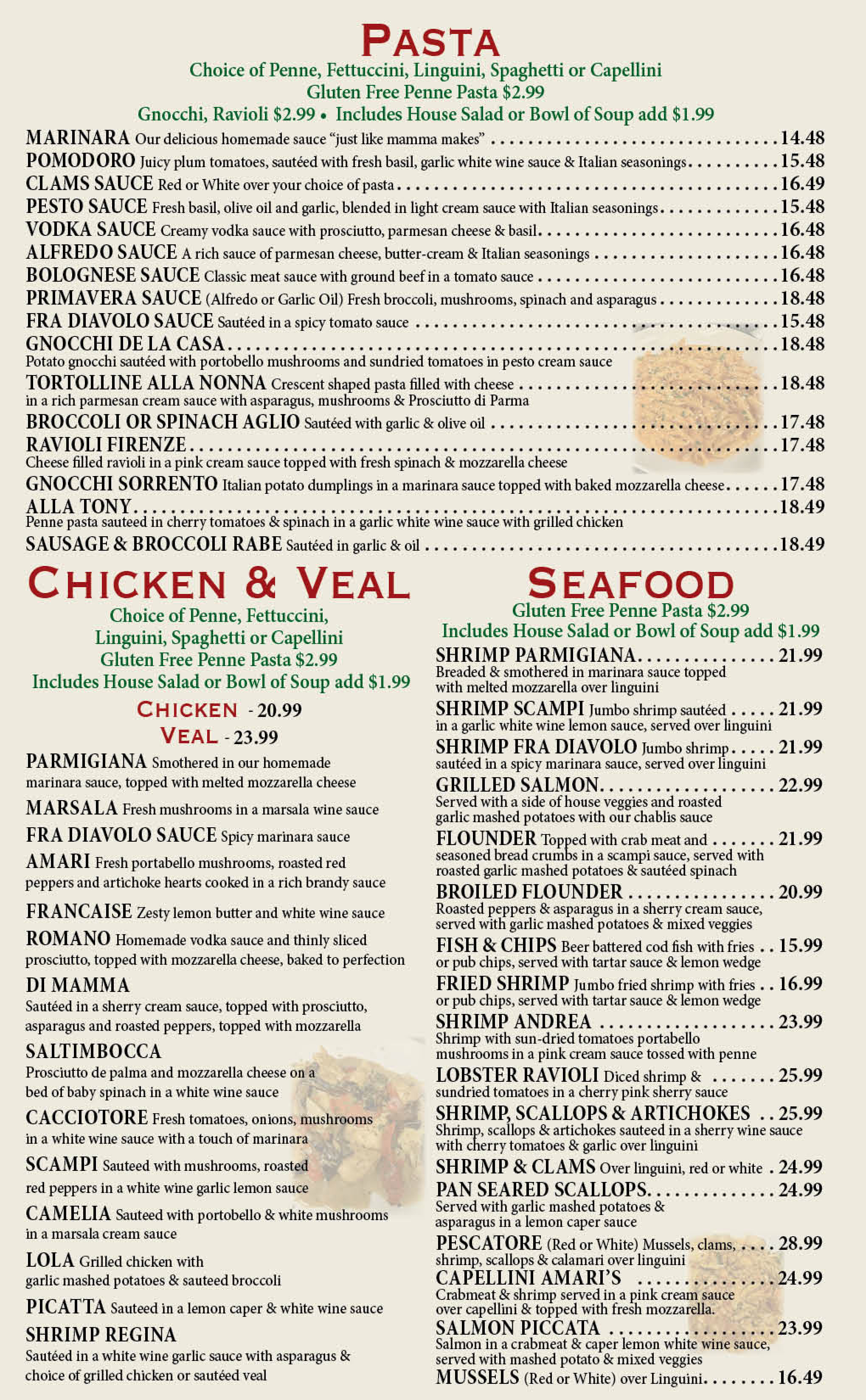 Pasta - Chicken/Veal - Seafood